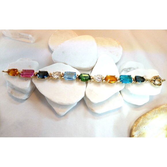 Chunky Gold Plated 925 SS Multi Color Gemstone Tennis Bracelet 7.25" - Picture 4 of 8